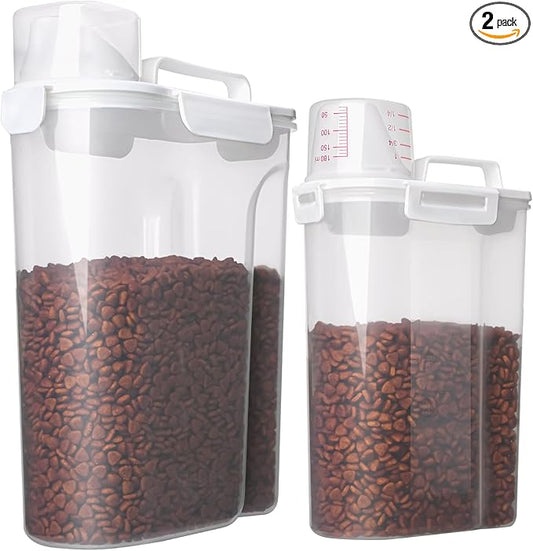 Dog Food Storage Container, 5-7 Lbs Airtight Pet Food Container, Cat food Container Dispenser with Portable Handle, Pouring Spout and Measuring Cup for Dogs Cats 2Pack White/6Qt