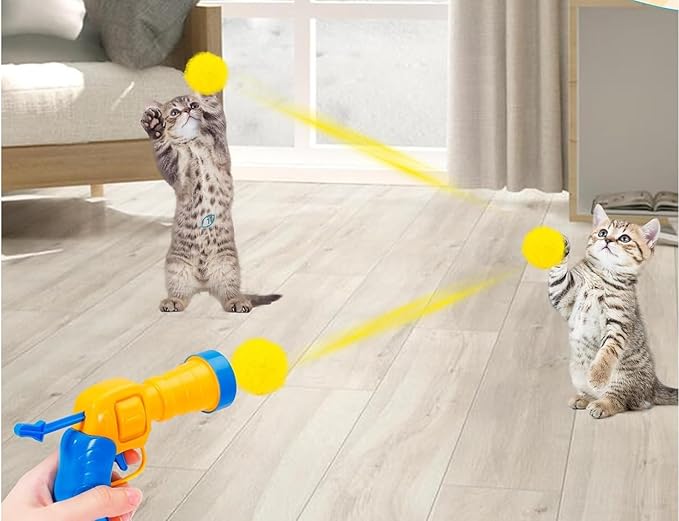 Cat Toy Ball Launcher, Interactive Cat Toy for Indoor Cat, Cat Gun with 70 Plush Balls, Cat Toy for House Cats, Exercise Toys for Kitten and Adult Cats, Kitten Toys, YELLOW BLUE