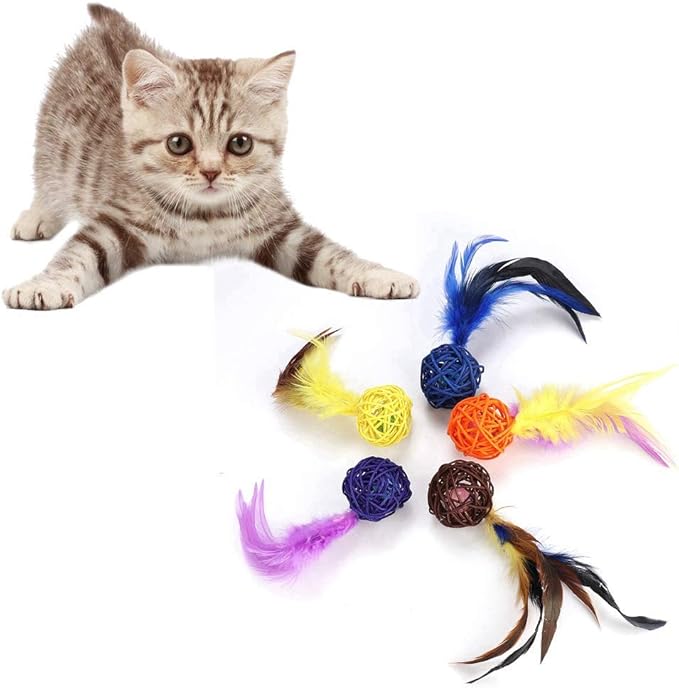 5PCS Cat Catch Chewing Toys, Pet Kitten Kitten Plush Play Toy CInteractive Chaser Teaser Toy olorful Rattan Balls with Feather Ring Bell Playthings for Cats Puppy Kitty Kitten Pets Novelty Gift