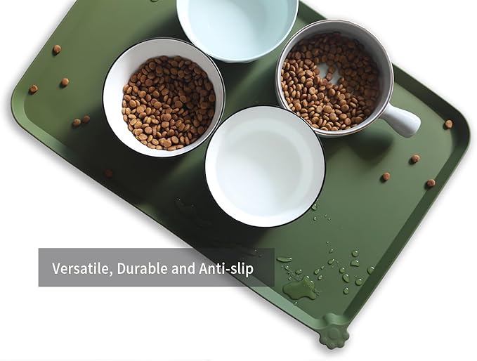 Hoki Found L Silicone Pet Food Mats Tray - Non Slip Pet Dog Cat Bowl Mats Placemat - Dog Pet Cat Feeding Mat - Waterproof Dog Cat Food Mats -Pet Water Mats for Carpet -Dark Olive