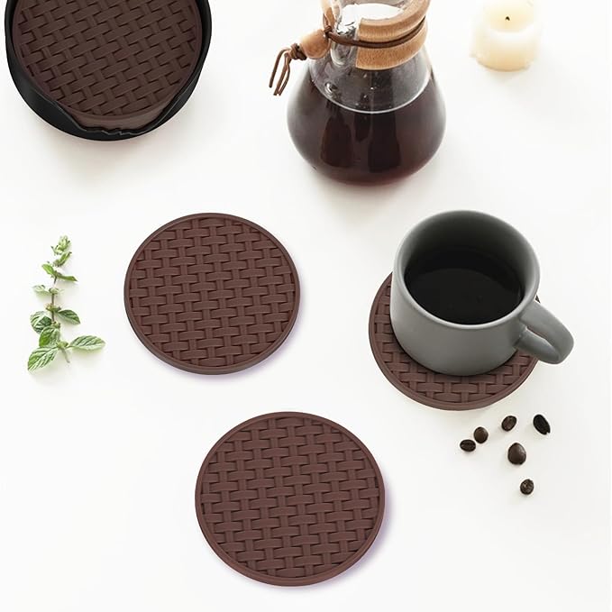 Brown Silicone Coasters 6 Packs with Holder, Heat Resistant & Waterproof Cup Mats, 4 Inches Non-Slip Decorative Coster Set for Home, Office, Kitchen, Coffee Bar Table
