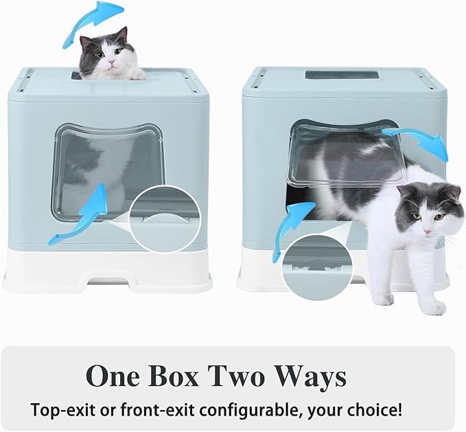 Bolux Foldable Cat Litter Box with Lid, Extra Large Litter Box with Cat Litter Scoop, Drawer Type Cat Litter Pan Easy to Scoop & Low Tracking (Blue XL)