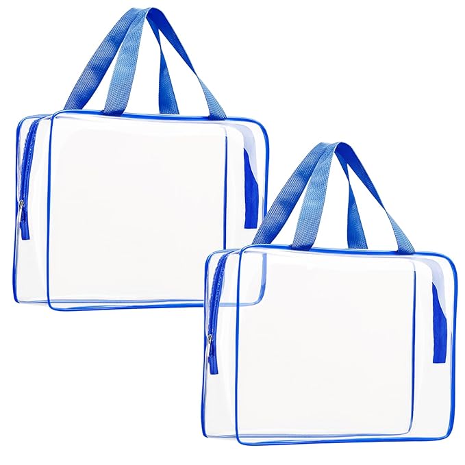 2Pcs Crystal Clear PVC Travel Toiletry Bag Kit for Women Men, Waterproof Vinyl Packing Organizer Storage Bags with Zipper Handle Straps, Cosmetic Pouch Carry on Airport Airline Compliant Bag Handbag