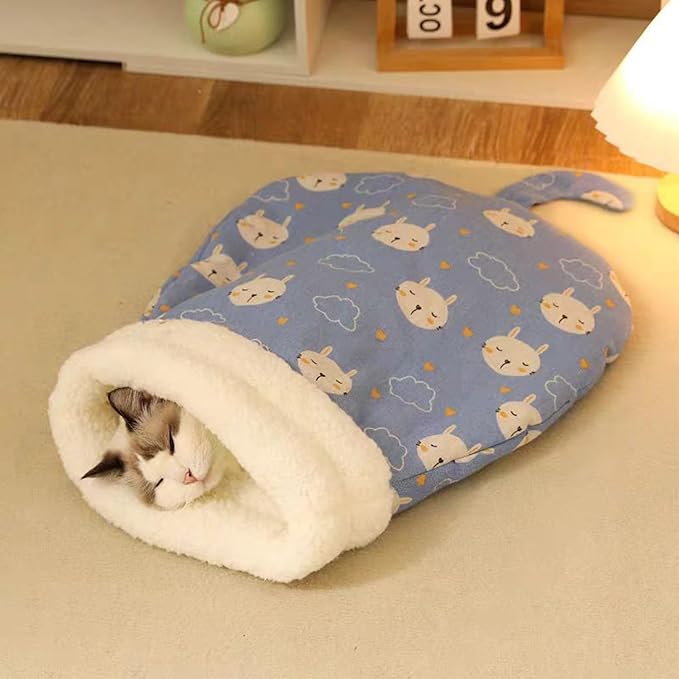 1PC Cat Sleeping Bag,Cat Sleeping Bag for Indoor Cats,Warm and Cozy Cat Sleeping Bag,Cat Winter Sleeping Bags, 360° Wrap Self Warm Cat Cave Bed Suitable for Pets Under 7.5 kg/16LB(Blue)