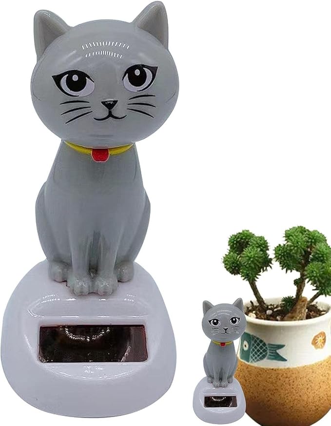 BWESOO Gray Cute Solar Powered Dancing Cat Figure - Swinging Solar, Cat Figurine Statue Swinging Car Dashboard Decoration Ornaments Dancing Car Dashboard Office Home Desk Decor