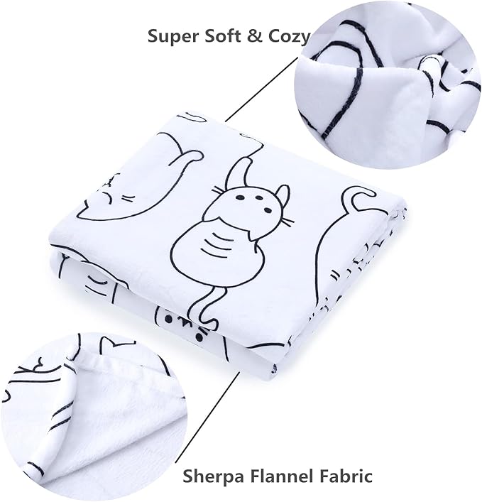Sviuse Cat Blanket Twin Size Black and White Cats Pattern Throw for Women Girls Kitty Lovers Cat Mom (60" X 80", Cat 2)