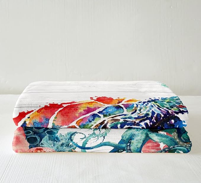 Watercolor Sea Turtle Fleece Sherpa Blanket, Cute Octopus Jellyfish Coral Seaweed Throw, Ocean Tortoise Reptile Decor, White Striped Wooden Living Room Size 40x50