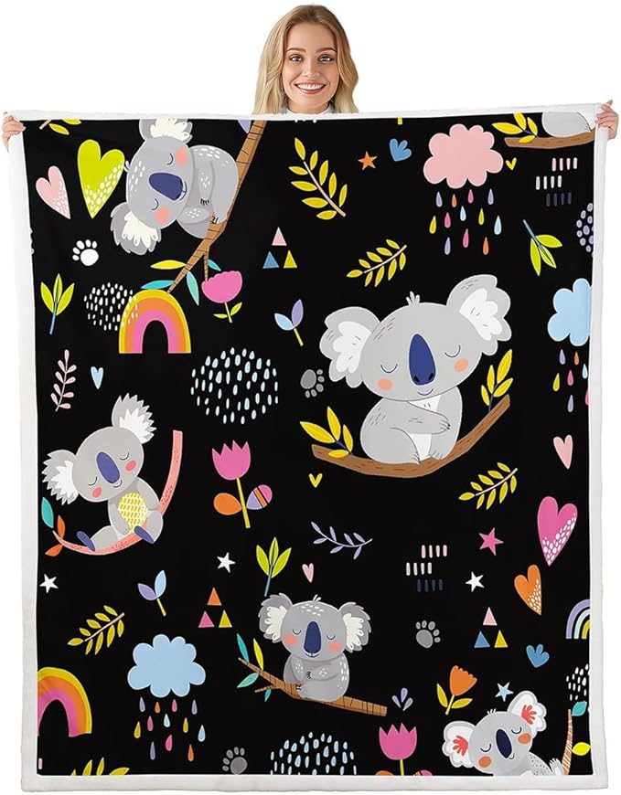 Kids Koala Fleece Blanket Boys Girls Cute Animal Pattern Sherpa Throw Blanket for Bed Couch Sofa Floral Rainbow Butterfly Plush Blanket Super Soft Lightweight Kawaii Decor Fuzzy BlanketQueen 90"x90"