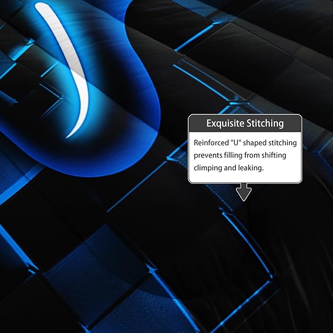 Axolotl Gamepad Comforter Set Full Size,Blue Grid Print Bedding Set,Boys Gaming Console Comforter Set,Modern Gaming controller Geometry Bedding Set for Adult Teens Men,1 Quilt 2 Pillowcases,Blue Black