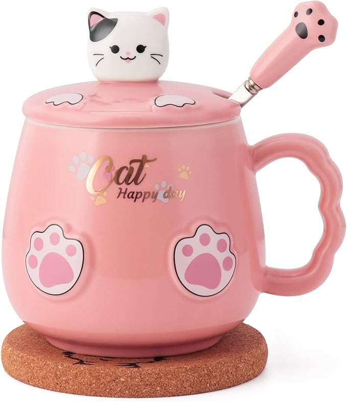 Bgbg Cute Cat Mug, Kawaii Anime Cat Coaster, 14 oz, Pink