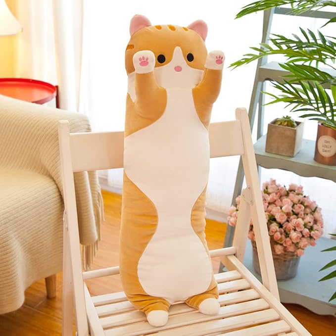 Long Yellow Cat Plush Pillow Toy Sleeping Pillow Cute Cartoon Cat Stuffed Animals Soft Long Body Pillow Gift for Kids (27.55in)