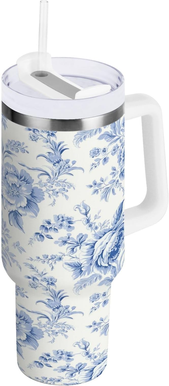 Boccsty Vintage French Floral Insulated Tumblers Blue Pattern Reusable Stainless Steel Tumbler 40 oz Cup Coffee Travel Mug Water Bottle with Handle & Flip Straw for Home Office Car