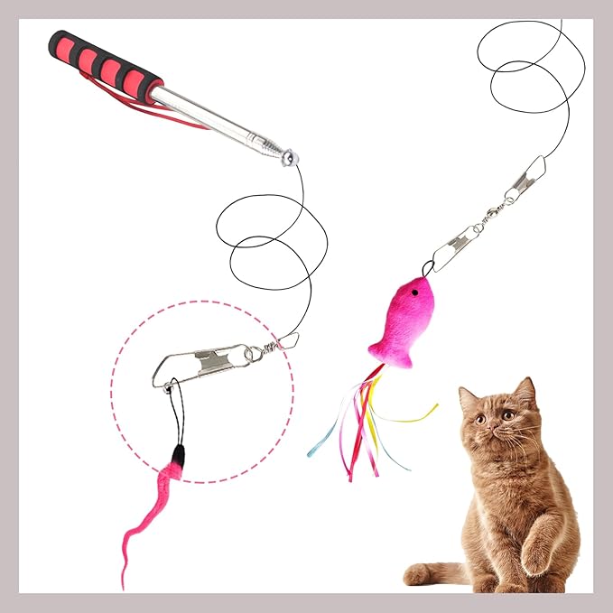 8pcs Replacement Teaser with Bell and 2pcs Retractable Cat Toys Wand(Red),Cat Feather Toys for Indoor Cats and Outdoor Cats.