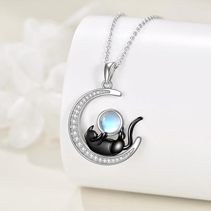 925 Sterling Silver Celtic Crescent Moon Animal Necklace for Women Fox/Black Cat/Hummingbird Crystal/Abalone Shell Pendant Jewelry Gift for Mom Daughter