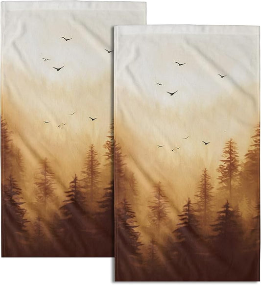 Orange Misty Forest Hand Towels Set of 2 Nature Mountain Soft Guest Face Bath Towel Kitchen Dish Towels Spa Home Bathroom Decorations