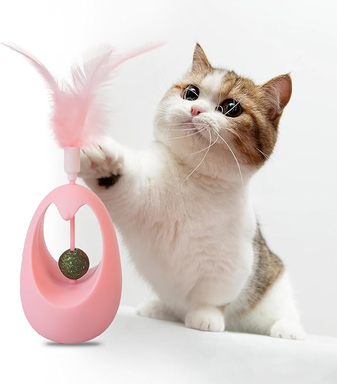 Catnip Toys for Cats with Feathers Tumbler Cat Toy with Edible Catnip Balls, Interactive Funny Toy Kitten Indoor Exercise/Plaything for All Breeds - Pink