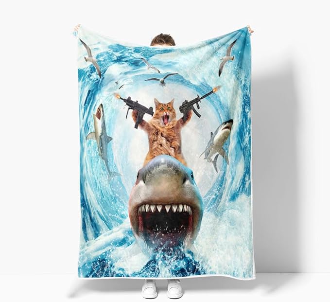 Funny Kids' Ocean-Themed Throw Blanket - Adorable Cool Cat Riding a Shark on Blue Ocean Fleece, Ultra Soft and Lightweight, Perfect for Couch, Bed, or Car, Cozy Decorative Blanket for Boys and Girls