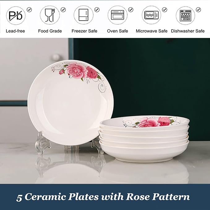 5 Pack Ceramic Plates with Rose Pattern, 7 inch Large Dessert Salad Porcelain Dinner Plates, Ceramic Dessert Dishes for Steak Pasta Pizza Appetizer (Dishwasher & Microwave Safe Plates)
