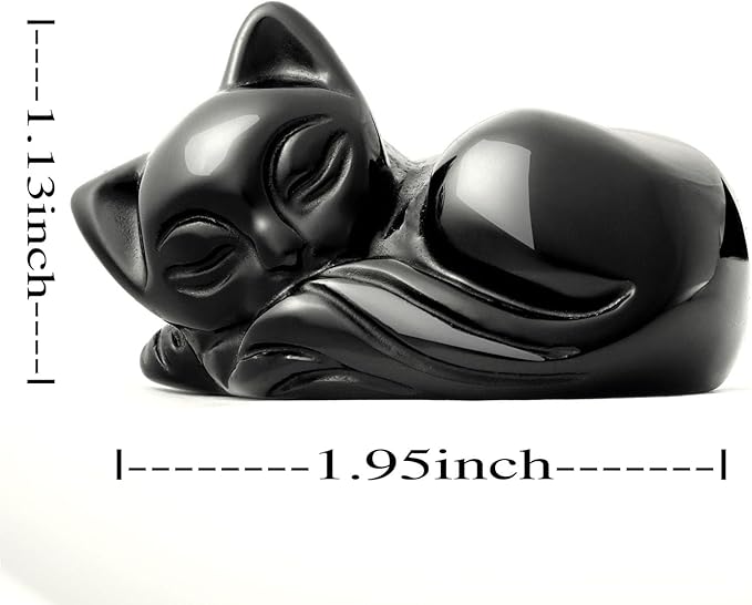2" Sleeping Cat Statue Black Obsidian Healing Crystals Hand Carved Cute Kitten Figurine, Worry Stone for Anxiety Relif Home Desk Decor Animal Figurine