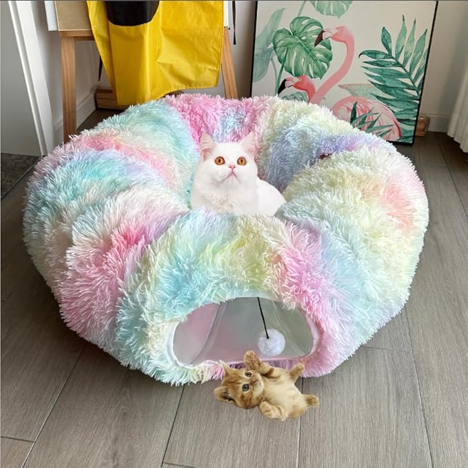 Cat Tunnel Bed, Tunnels for Indoor Cats Soft Warm Colorful Plush, Collapsible Interactive Tube Toys, Maze House with Peek Holes Dangling Ball for Rabbit, Kitten, Kitty, Puppy