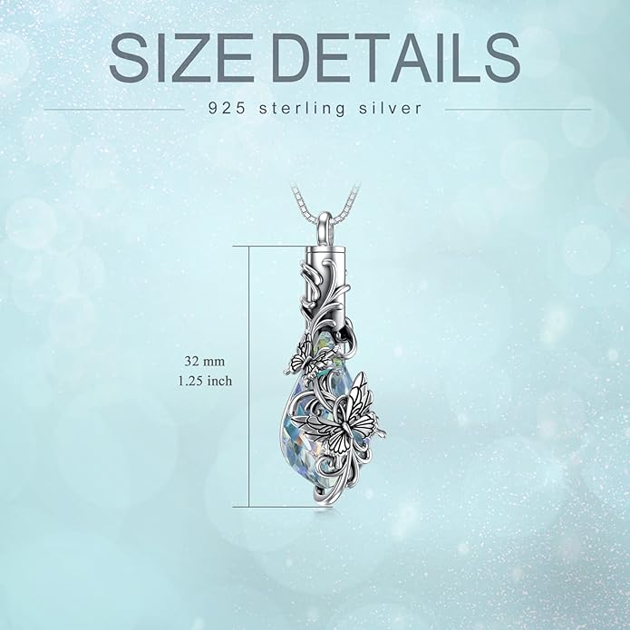 Animal Crystal Urn Necklace For Ashes Sterling Silver Butterfly Dragonfly Bee Phoenix Peacock Hummingbird Fox Angel Wing Pentagram Pentacle Cremation Necklace Heart Teardrop Urn Holder Necklaces For Women Memorial Jewelry