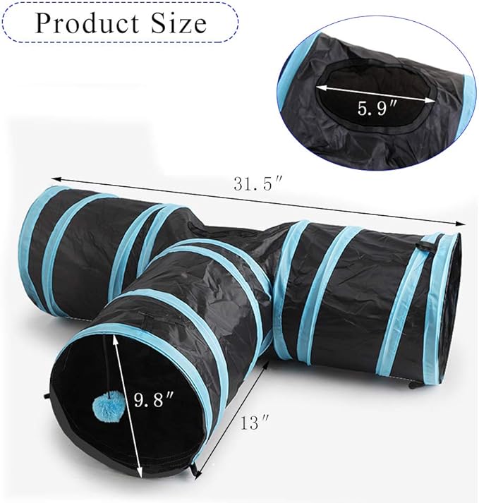 Cat Tunnel, Andiker Cat Tunnel Pet Tube Collapsible Play Toy Indoor Outdoor Toys for Puzzle Exercising Hiding Training and Running with Fun Ball and 2 Holes (Blue)