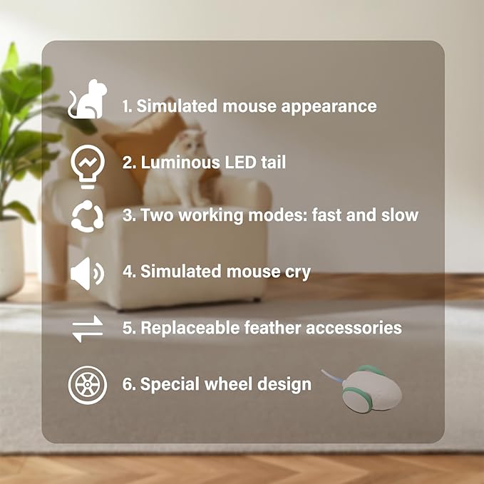 Robot Mouse Cat Toy for Indoor Cats,Automatic Cat Mouse Toy with LED Light,Smart Sensing Moving Electric Cat Toys with Replaceable Feather,Simulated Mouse Calls,USB Rechargeable