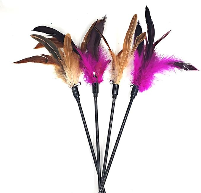 Cat Wand Toys, 4 PCS Interactive Cat Teaser Wand Cat Feather Toys with Loud Bell - 20" Long Wand for Cat and Kitten