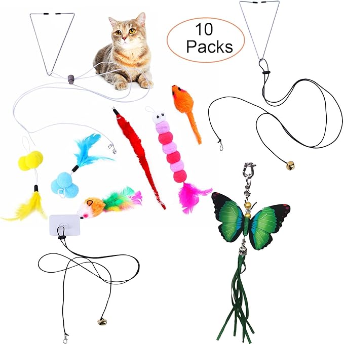 Interactive Cat Toys,Hanging Cat Toy Kits 10Pcs Cat Feather Toys Hanging Door Retractable Ropes,Upgraded Mouse Toys Set Kitten Play Teaser for Cat Jump Exercise (10Pcs)