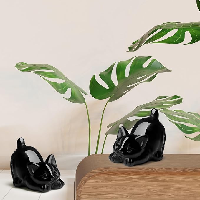 Black Obsidian Cat Statue Crystals and Healing Stones Carved Room Home Decor Figurines for Office Lazy Sculpture Stone Crystal Cute Art Decoration Gemstones Gifts for Cat Lovers Women Teacher