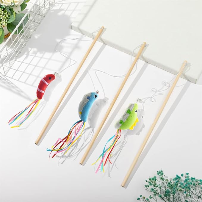 IUHKBH Cat Wands, 3 PCS Wood Cat Teaser Wands with Catnip Interactive Cat Toys for Cat and Kitten
