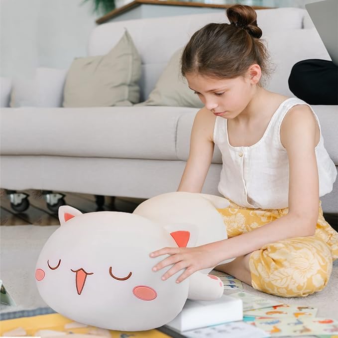 FUYU Cat Stuffed Animals, Soft Cat Plush Pillow Kawaii Kitten Stuffed Animal Toy Gifts for Kids Boys Girls Room Decor (White Squinted Eyes,27in/67cm)