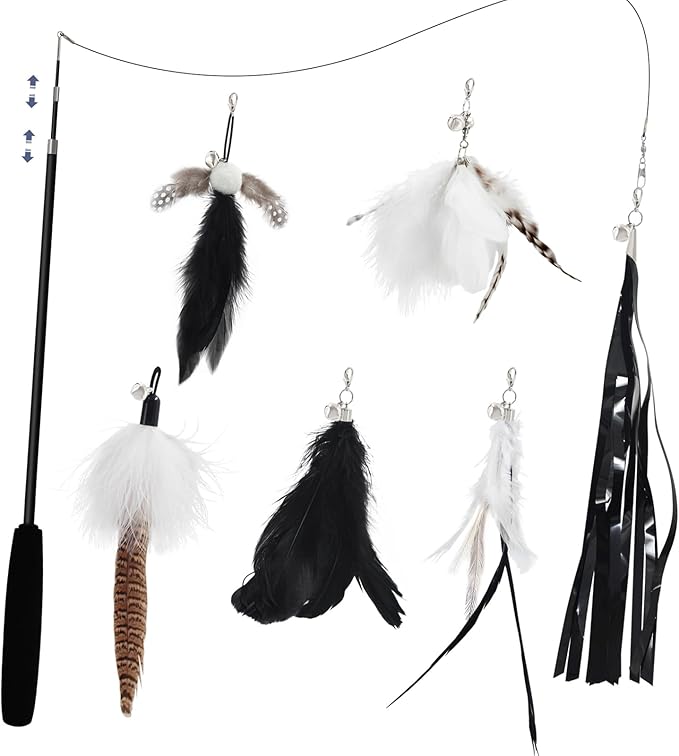 SONGWAY Cat Wand Toys for Indoor Cats - Cat Feather Toys with Retractable Cat Stick and 6 PCS Fairy Cat Teaser Toy Refills, Butterfly Tassel Plush Cat Toys Interactive, Black
