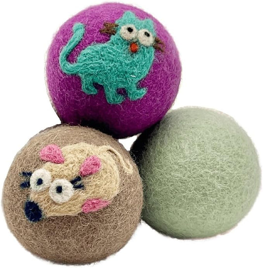 Hustle & Blush Wool Felt Balls 3 Pack Love Ewe Pet Supplies - 2in Felted Wool Cat Toys 100% New Zealand Wool Felt Cat Toys Handmade Wool Felt Balls, Colorful Wool Balls for Cats - Cat and Mouse
