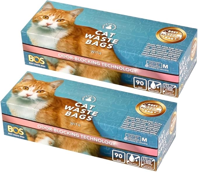 BOS Amazing Odor Sealing Cat Waste Disposal Bags - Durable and Unscented [Size: M, Color: Light blue] (90 count, Pack of 2) (180bags)★Brand-new packaging design!! NOT a litter box liner