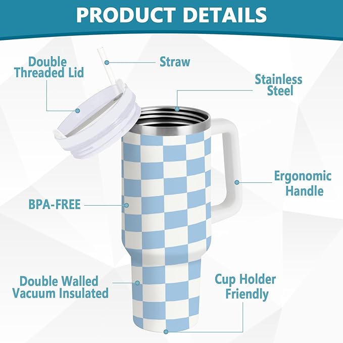 Boccsty Checkered Colorful Blue Insulated Tumblers Reusable Stainless Steel Tumbler 30 oz Cup Coffee Travel Mug Water Bottle with Handle & Flip Straw for Home Office Car