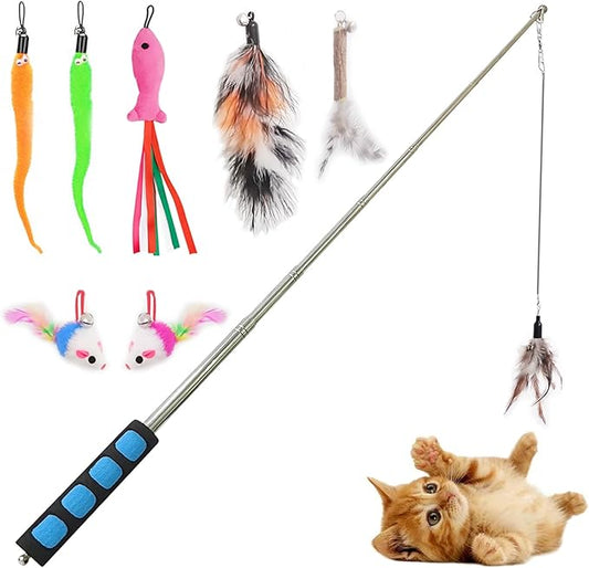 Cat Fishing Pole for Indoor Cats,Interactive cat Toys with Colorful Feather and Bell. (Blue)