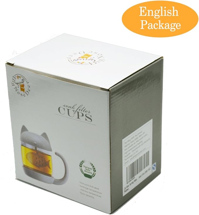 BigNoseDeer Cat Tea Cup Cute Mug Glass Pot with Fish Infuser for Loose Leaf Tea (White 8oz)