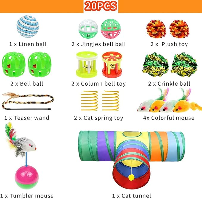 20 PCS Cat Toys Kitten Toys Set Interactive for Indoor Cats,Including Cat Tunnel,Cat Toys Balls,Crinkle Balls,Cat Wand,Cat Mouse Toys (T Shape)