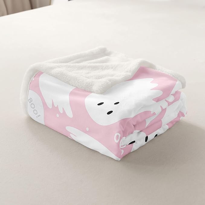 Pink Halloween Sherpa Blanket Throw 50"x60" Cartoon Pink Ghost Fleece Throw Blanket for Bed Sofa Couch Kids Kawaii Cute Plush Blanket Pink Fuzzy Blanket Bedroom Flannal Blanket