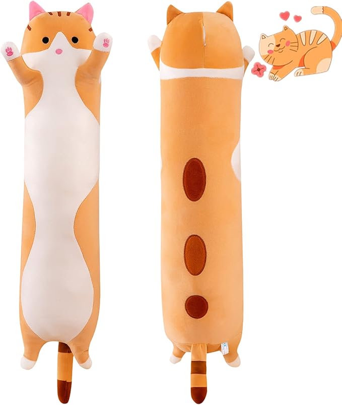 Long Yellow Cat Plush Pillow Toy Sleeping Pillow Cute Cartoon Cat Stuffed Animals Soft Long Body Pillow Gift for Kids(35.43in)