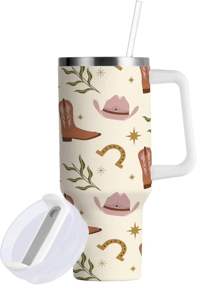 Boccsty Western Boho Print America Tribal Insulated Tumblers Reusable Stainless Steel Tumbler 30 oz Cup Coffee Travel Mug Water Bottle with Handle & Flip Straw for Home Office Car