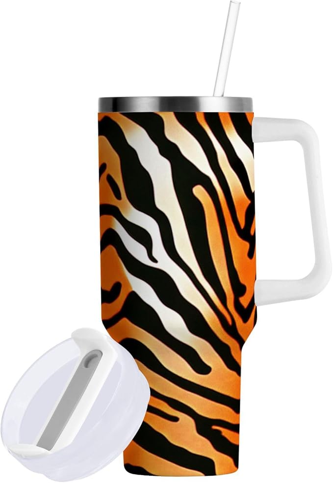 Boccsty Tiger Skin Texture Tiger Insulated Tumblers Black Orange Stripe Reusable Stainless Steel Tumbler 30 oz Cup Coffee Travel Mug Water Bottle with Handle & Flip Straw for Home Office Car