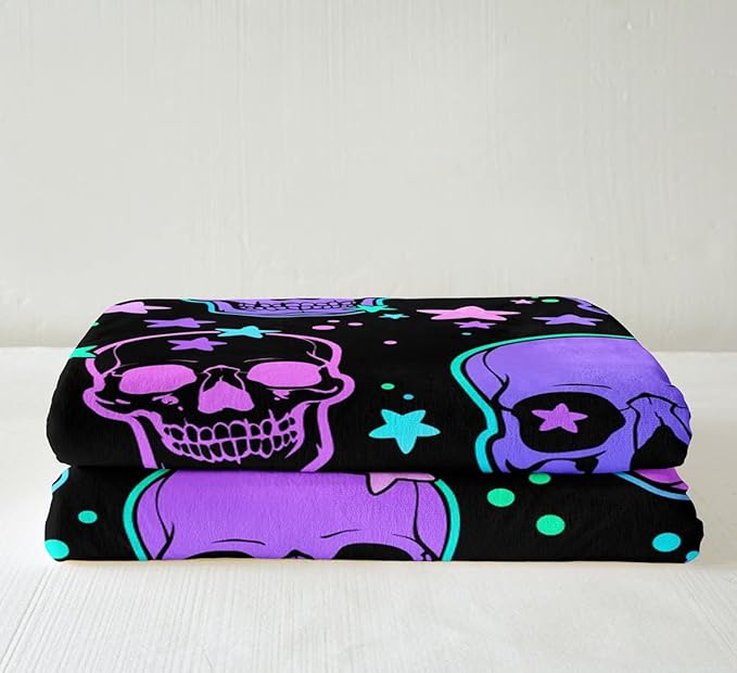 Sugar Skull Blanket Halloween Throw Blanket for Sofa Trippy Galaxy Fleece Blanket Throw Size Purple Pink Death Skull Travel Blanket Psychedelic Stars Plush Blanket Hippie Room Decor for Kids Teens