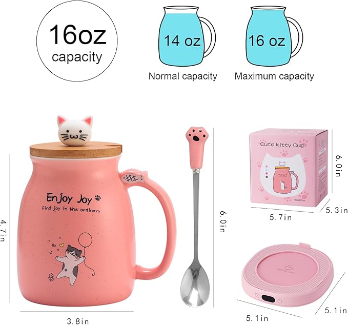 Bsigo Cute Cat Mug Set with Electric Smart Mug Warmer for Home & Office, Beverage Tea or Coffee Cup Warmer with 3-Temp Settings, 8H Auto Shut Off, Pink