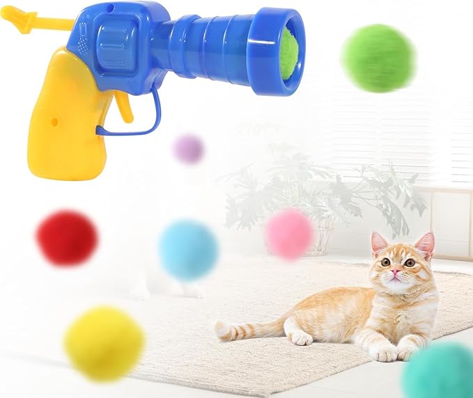 Cat Toy Ball Launcher, Interactive Cat Toy for Indoor Cat, Cat Gun with 70 Plush Balls, Cat Toy for House Cats, Exercise Toys for Kitten and Adult Cats, Kitten Toys, YELLOW BLUE