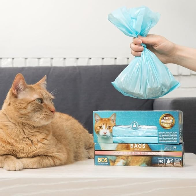 BOS Amazing Odor Sealing Cat Waste Disposal Bags - Durable and Unscented [Size: M, Color: Light blue] (90 Count, Pack of 1) (90 Bags)★Brand-new packaging design!! ★NOT a litter box liner