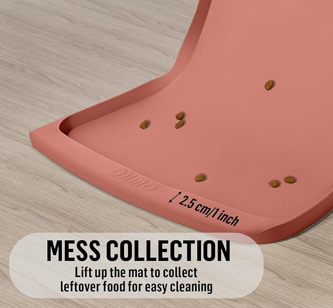 OHMO Dog Food Mat(Erythrinus, 24 * 15'') w/Residue Collection Pocket Silicone Pet Feeding Mat for Floor High Edges Anti Spills Waterproof Cat Water Bowl Tray, Easy Clean Placemat