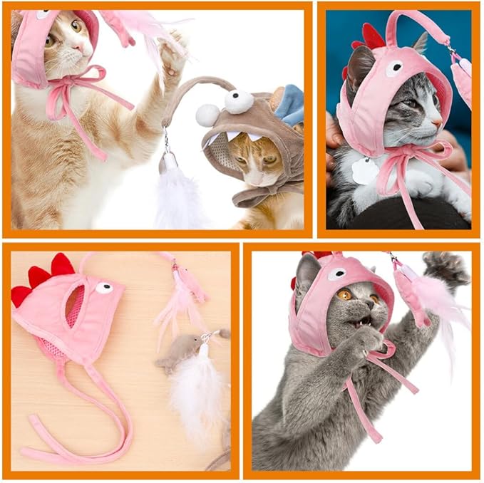 POPETPOP Pet Cat Teaser 2pcs Head Mounted Cat Headgear Interactive Self-Service Adjustable Size Cat Hat Feather (Pink)