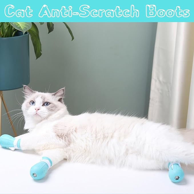 6Pcs Adjustable Silicone Cat Scratch Proof Boots with Pet Nail Clipper and Comb for Bathing and Grooming Feet Cover Cat Foot Cover for Home Pet Dog Ferret Rabbit Guinea Pig (Blue)